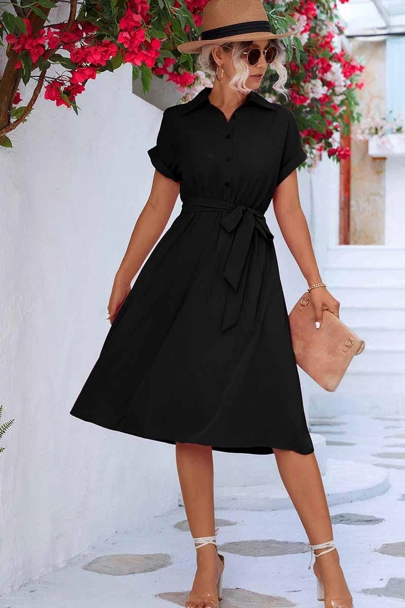 Cool Tone ROLL UP SLEEVE TIED WAIST FLARE SHIRTS DRESS