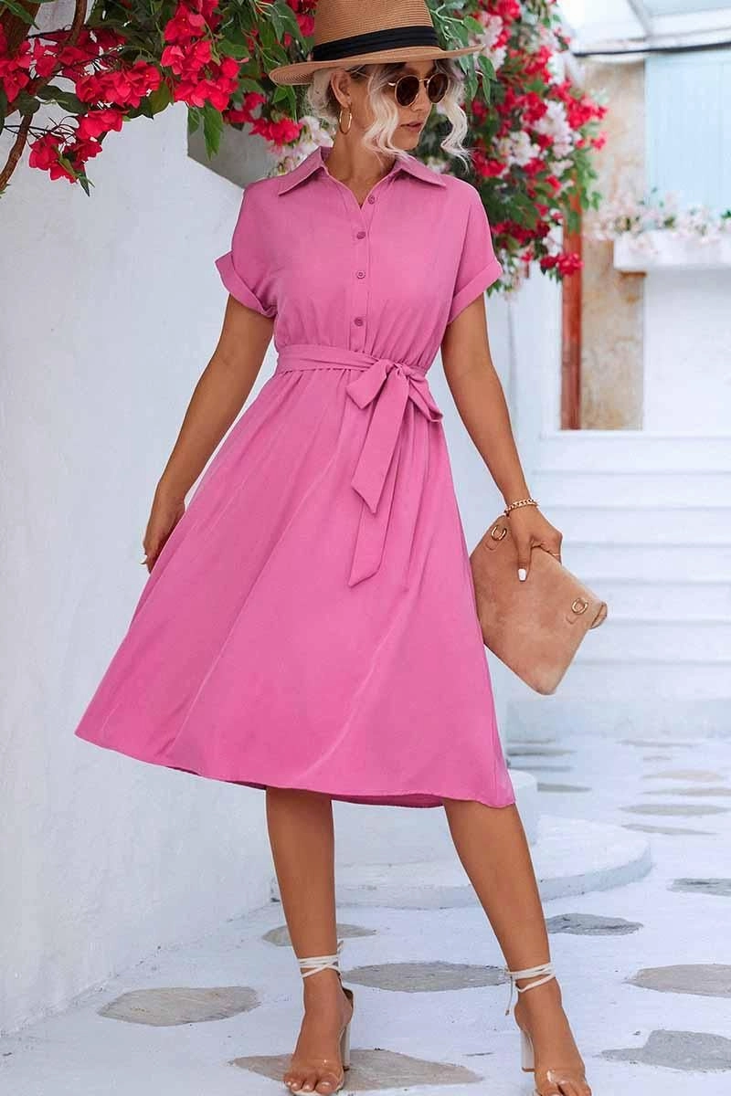 ROLL UP SLEEVE TIED WAIST FLARE SHIRTS DRESS Romance Glow