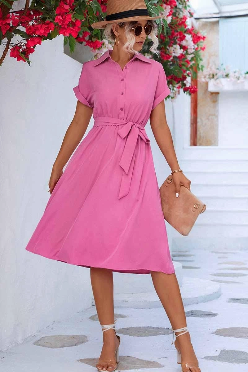 ROLL UP SLEEVE TIED WAIST FLARE SHIRTS DRESS Perfect Comfort Wear