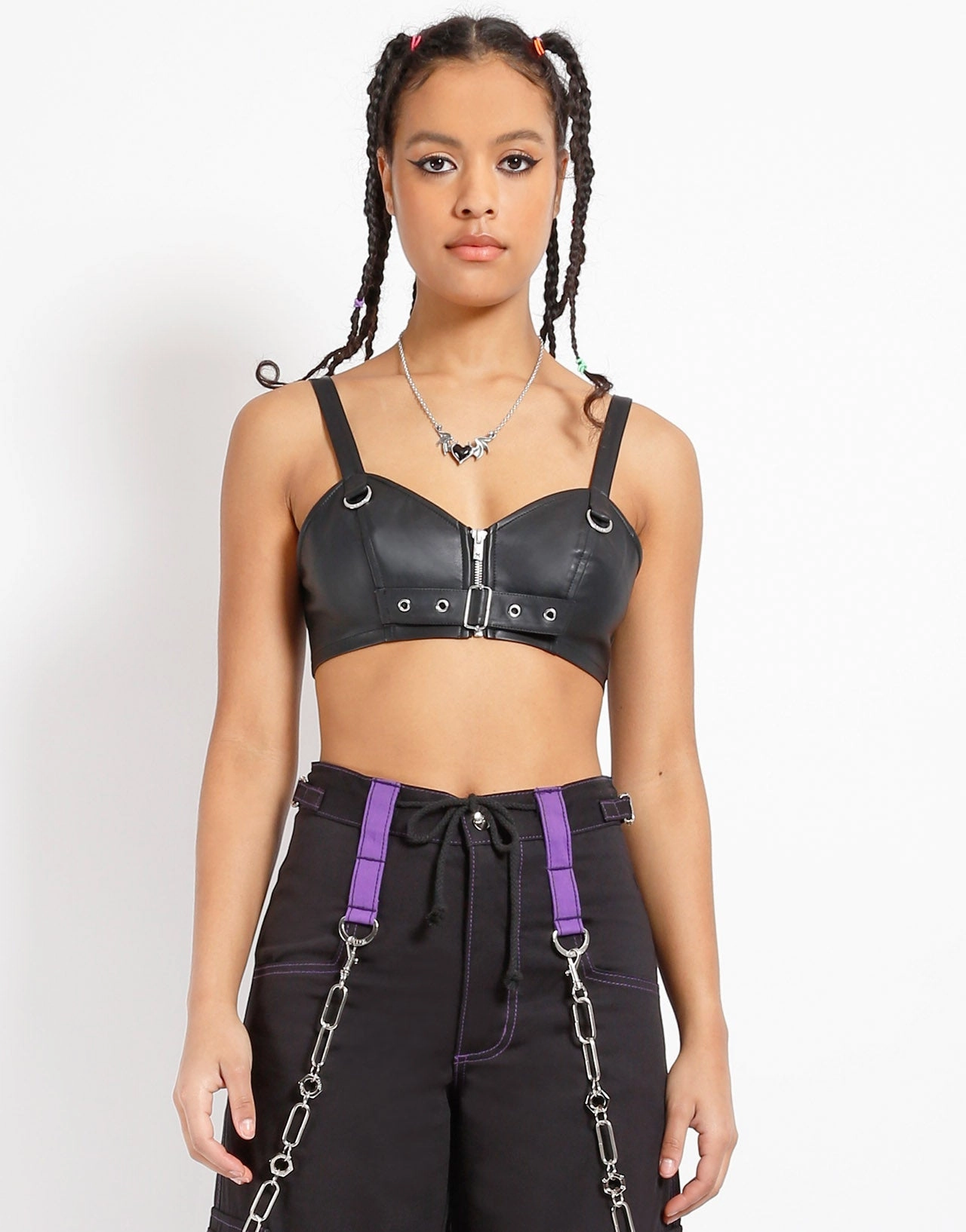 MoistureWicking Technology Layered Hemline FAUX LEATHER BUCKLE CROP HALTER