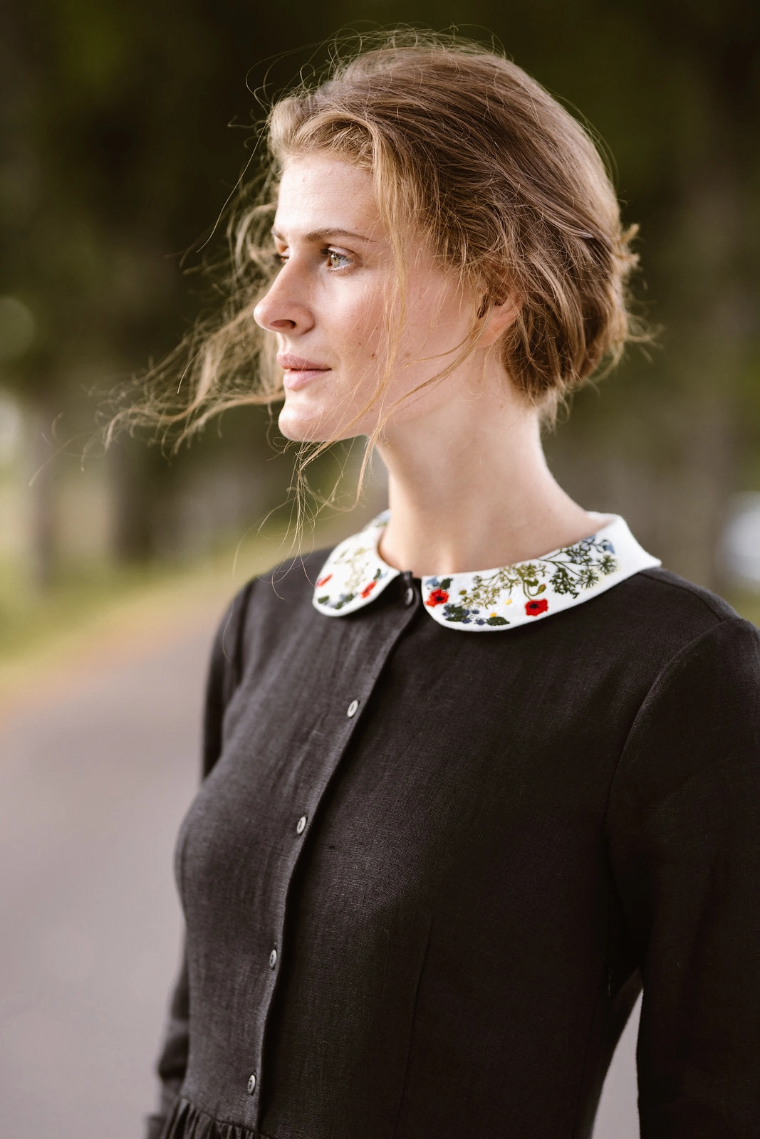 Classic Dress with Embroidered Garden Collar, Long Sleeve Winter Layering
