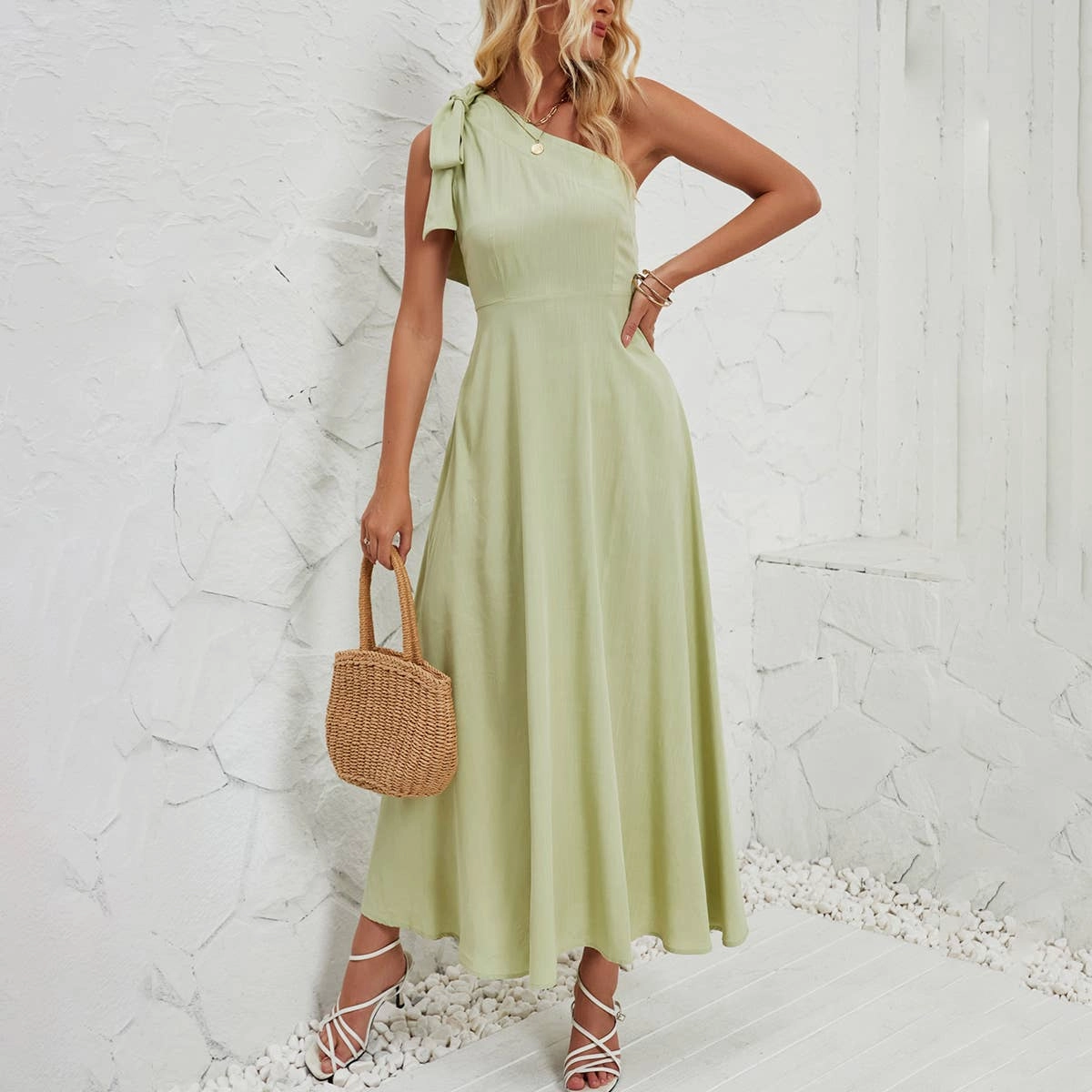 BOW ONE-SHOULDER BELTED DRESS_CWDMD1831 Clean Grace Smooth Line