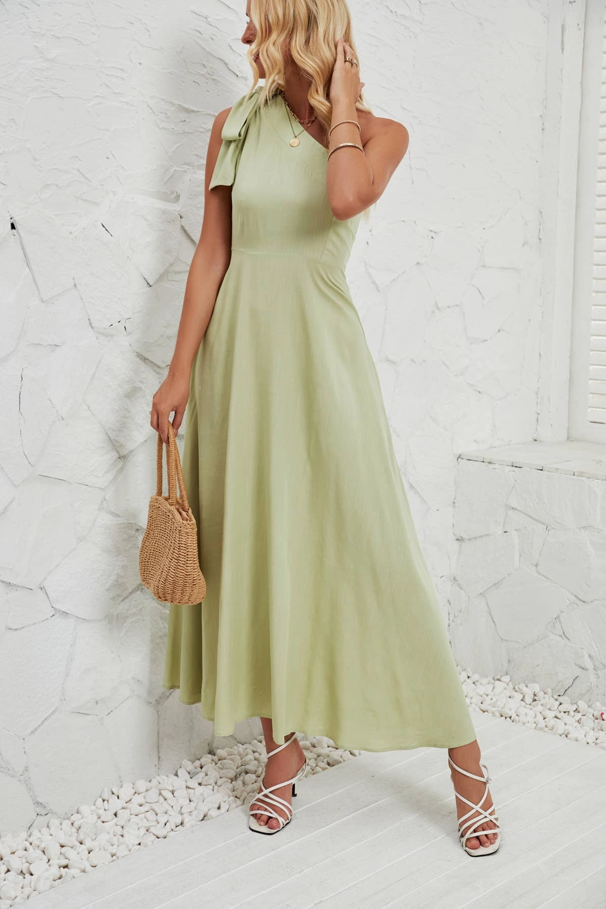 Beaded-Edge BOW ONE-SHOULDER BELTED DRESS_CWDMD1831