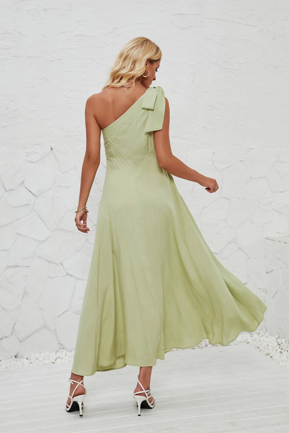 Simple Elegance Classic wrap dress BOW ONE-SHOULDER BELTED DRESS_CWDMD1831