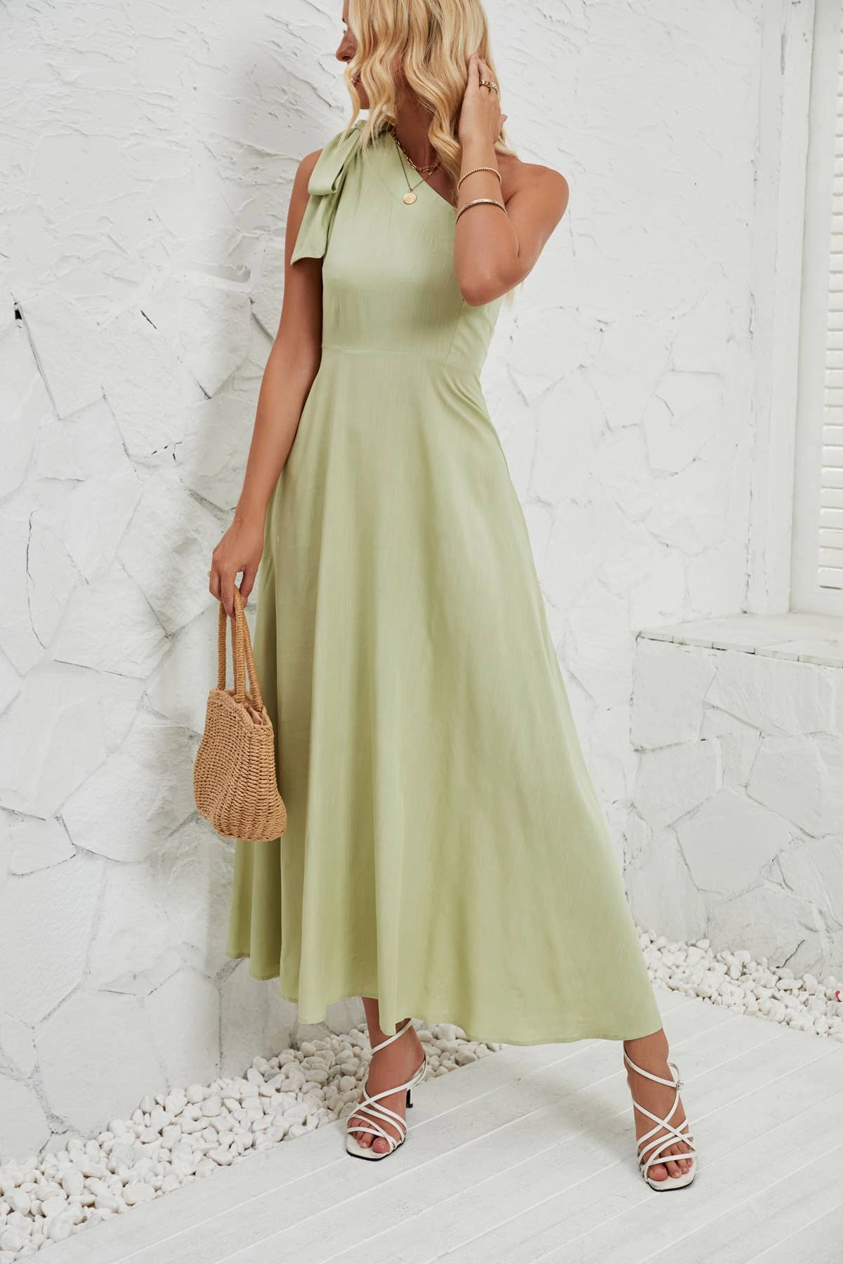 BOW ONE-SHOULDER BELTED DRESS_CWDMD1831 Comfortable Design Wear