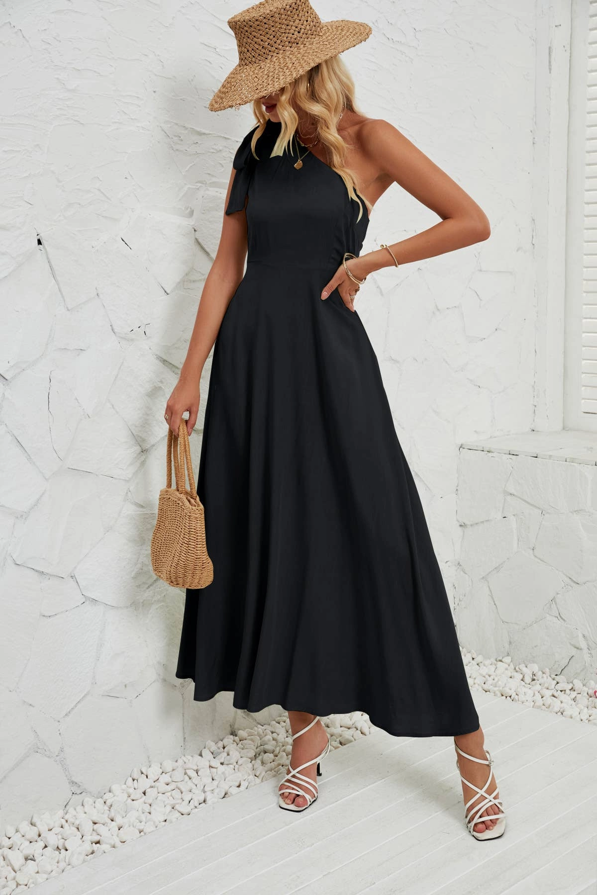 BOW ONE-SHOULDER BELTED DRESS_CWDMD1831 Travel-Style