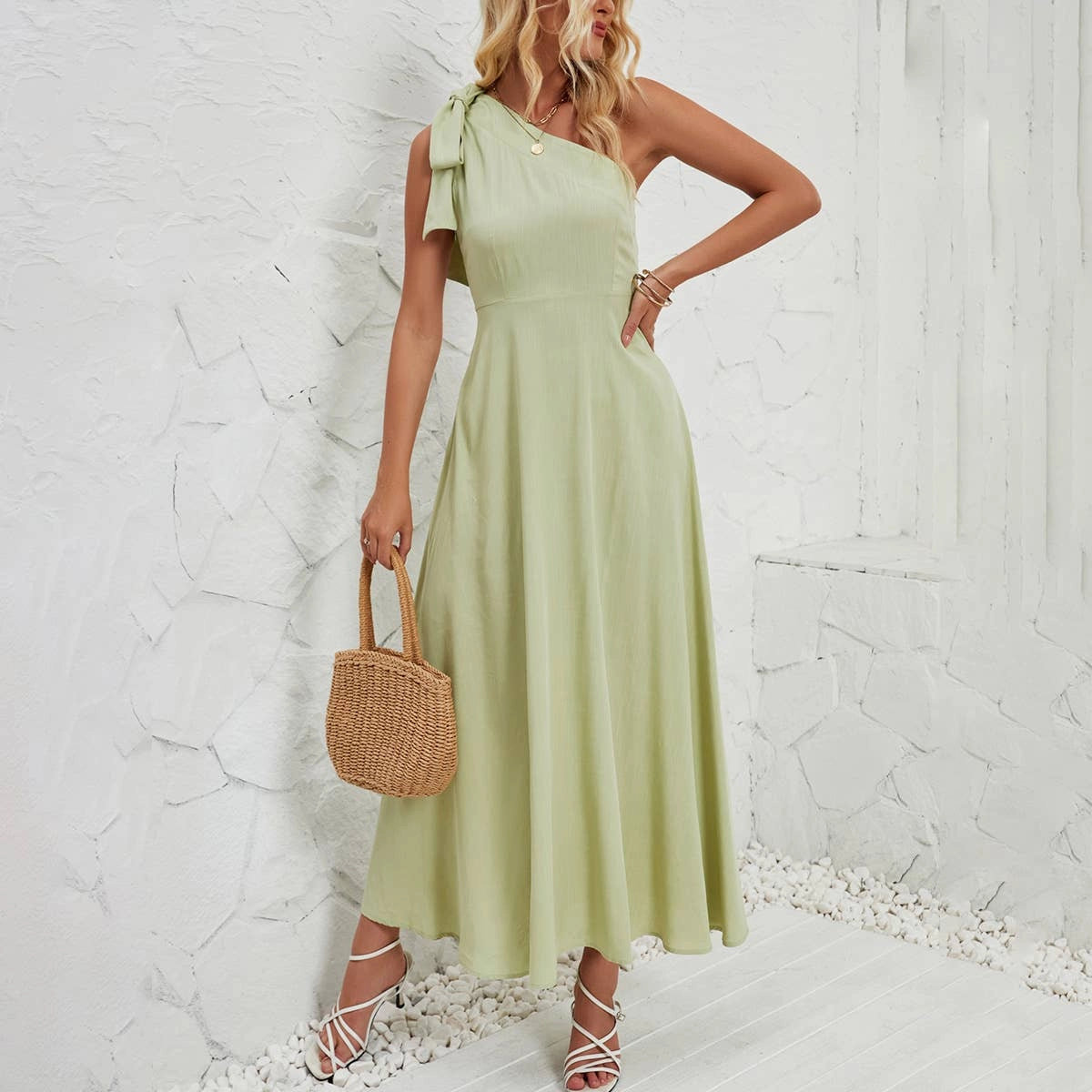 Minimalist Style BOW ONE-SHOULDER BELTED DRESS_CWDMD1831