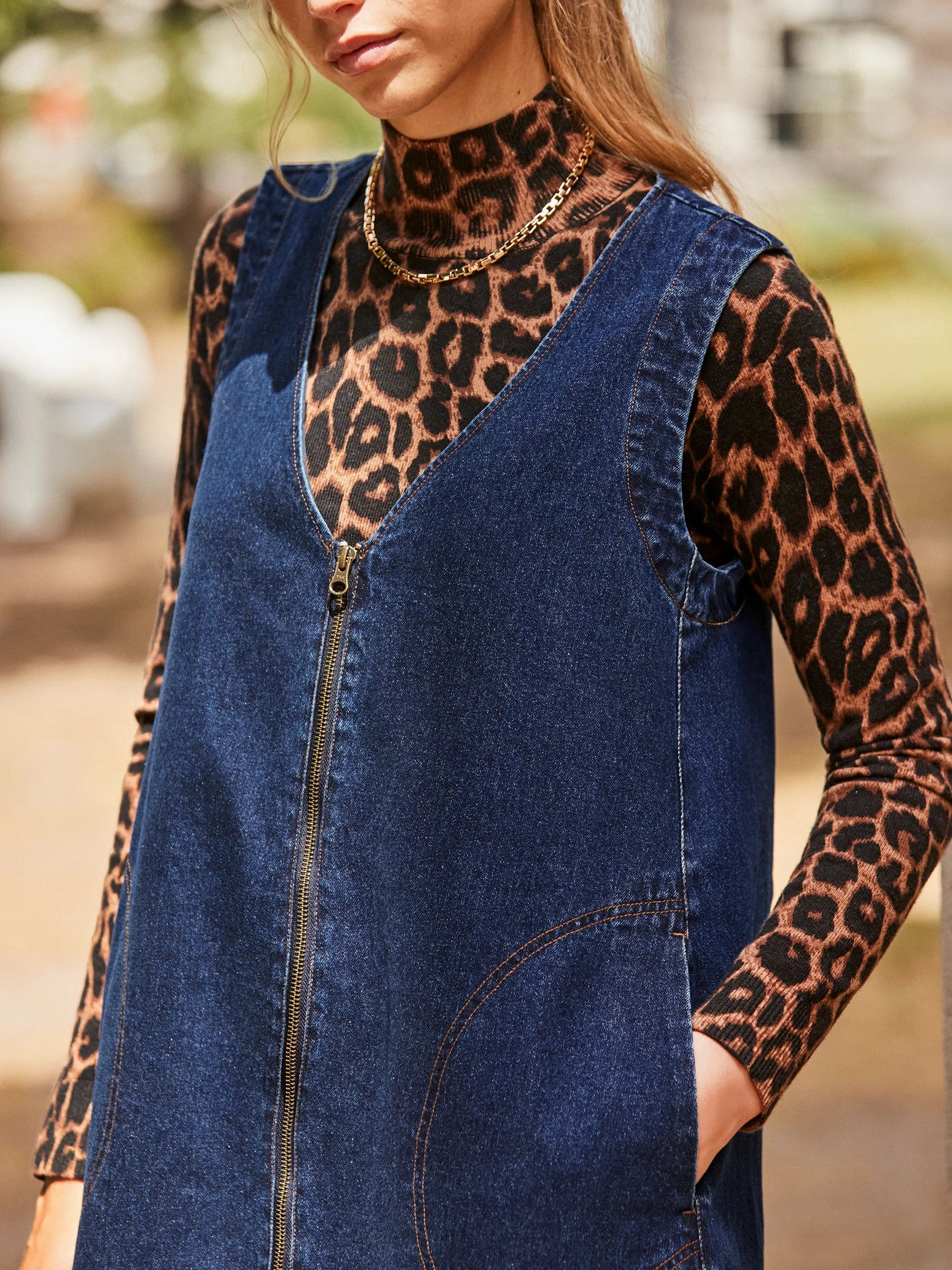 ElasticWaistband Zip-Front Denim Mini Dress