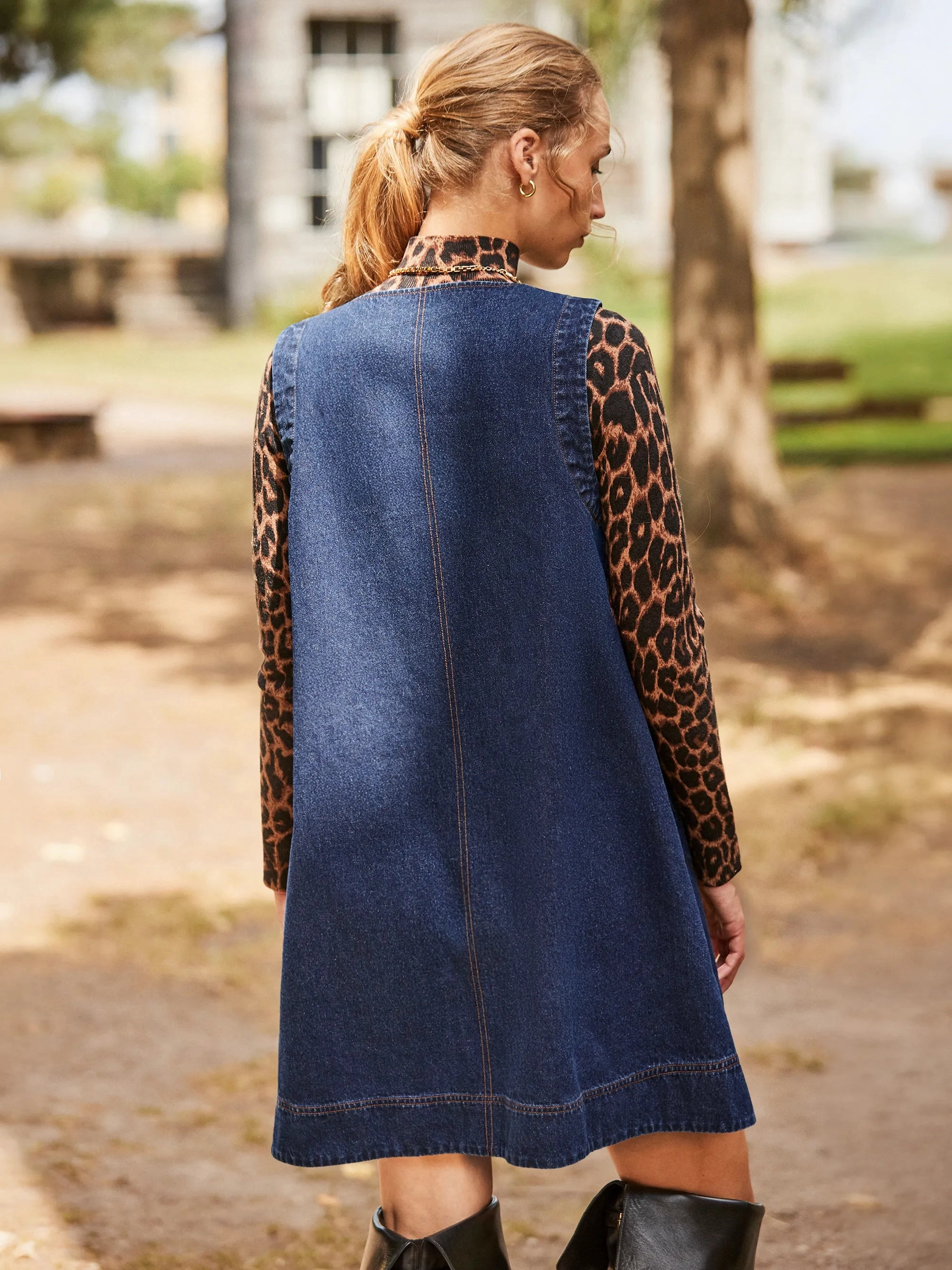 Zip-Front Denim Mini Dress Luxurious Texture