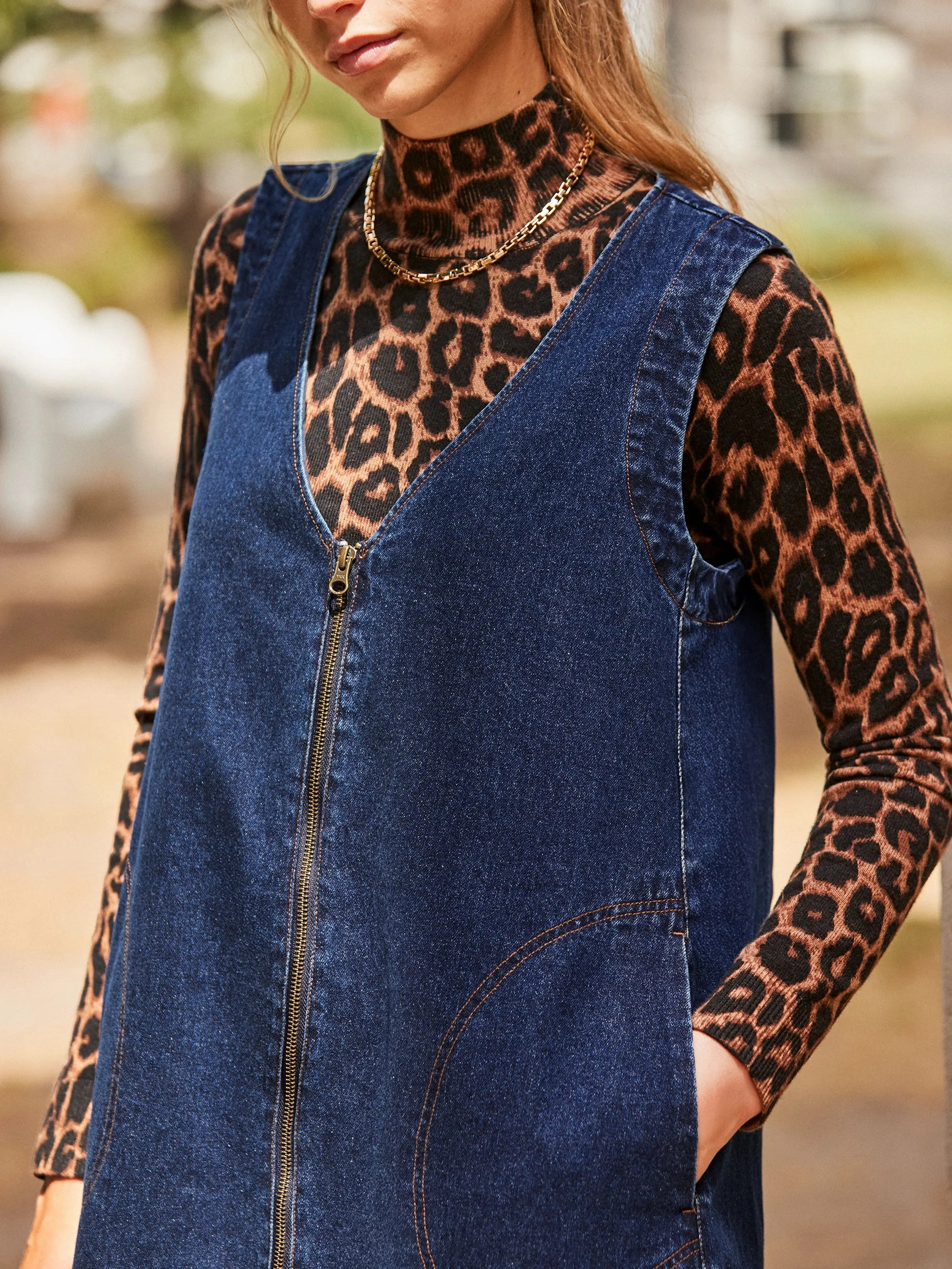 Airy Weave Zip-Front Denim Mini Dress