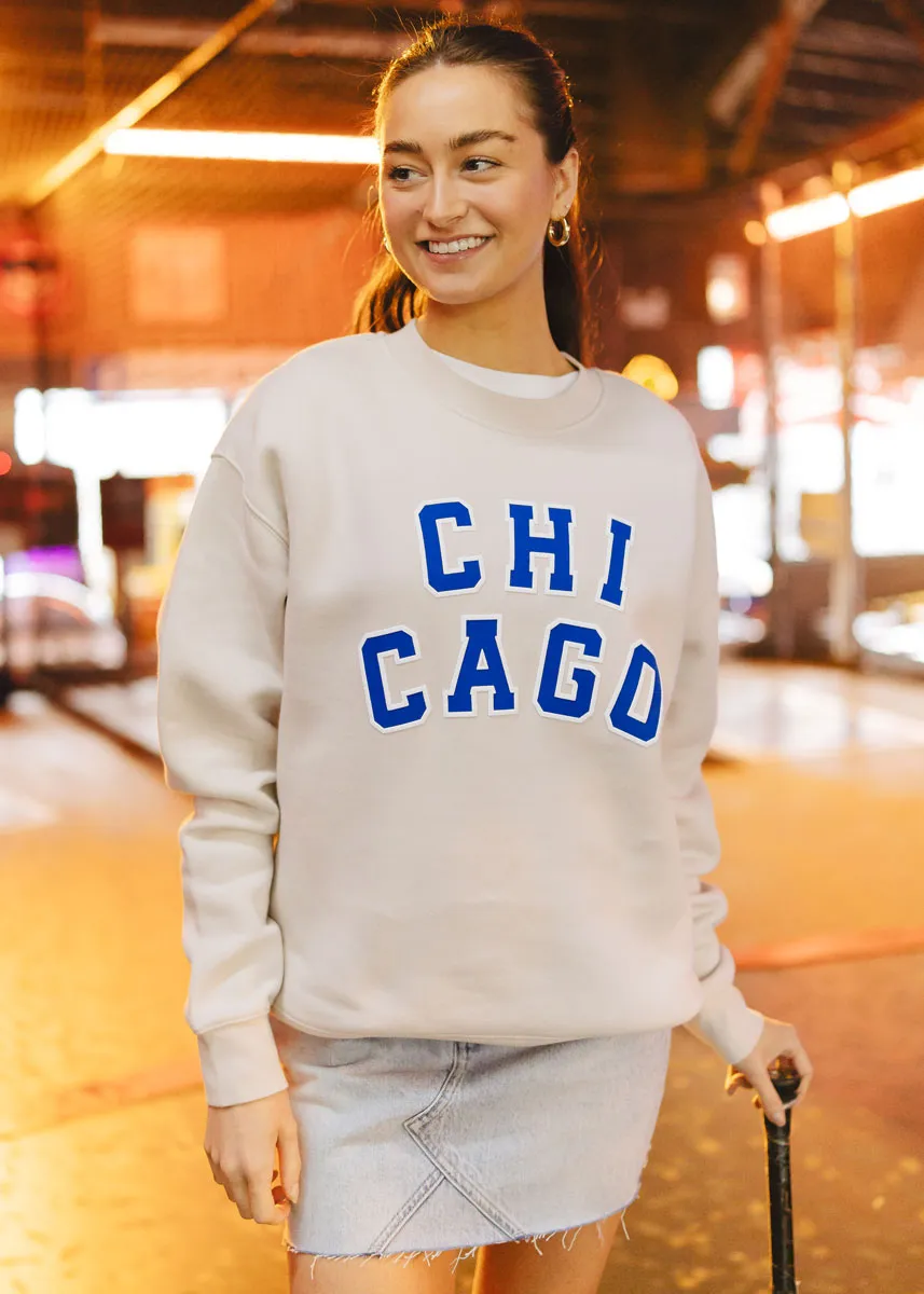Quick Knit Stylish Knit Layer Chicago Varsity Sweatshirt - Ivory & Blue