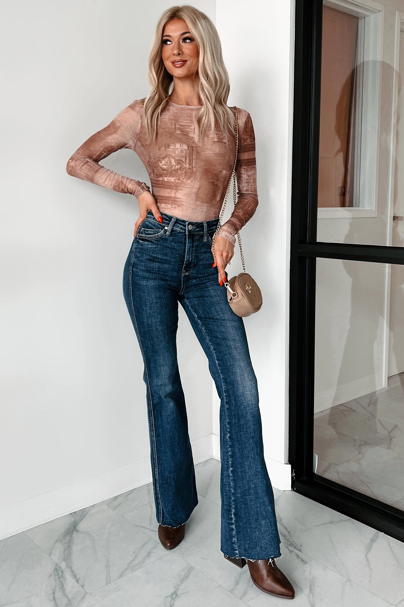 Beginner Level City Walk Chilly Day Wear Lost In Time Printed Mesh Bodysuit (Brown)