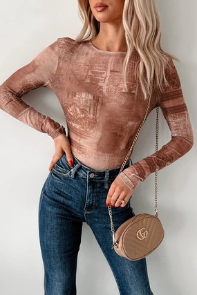 Body Shaping Budget Friendly Perfect Stretch Lost In Time Printed Mesh Bodysuit (Brown)