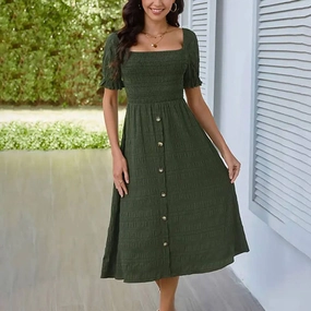 BUTTON-EMBELLISHED PLEATED DRESS_CWDSD3554 Calm Mood