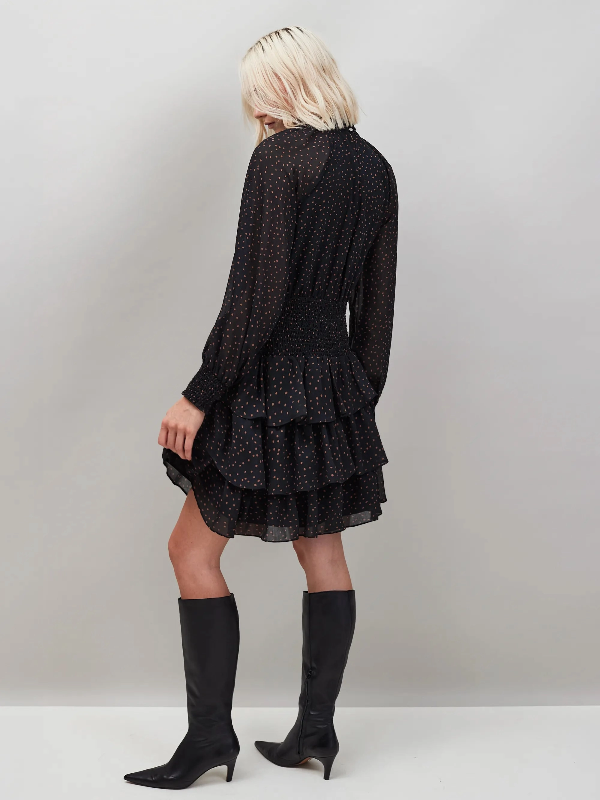 Flowing Texture Caramel Dash Print Tiered Mini Dress