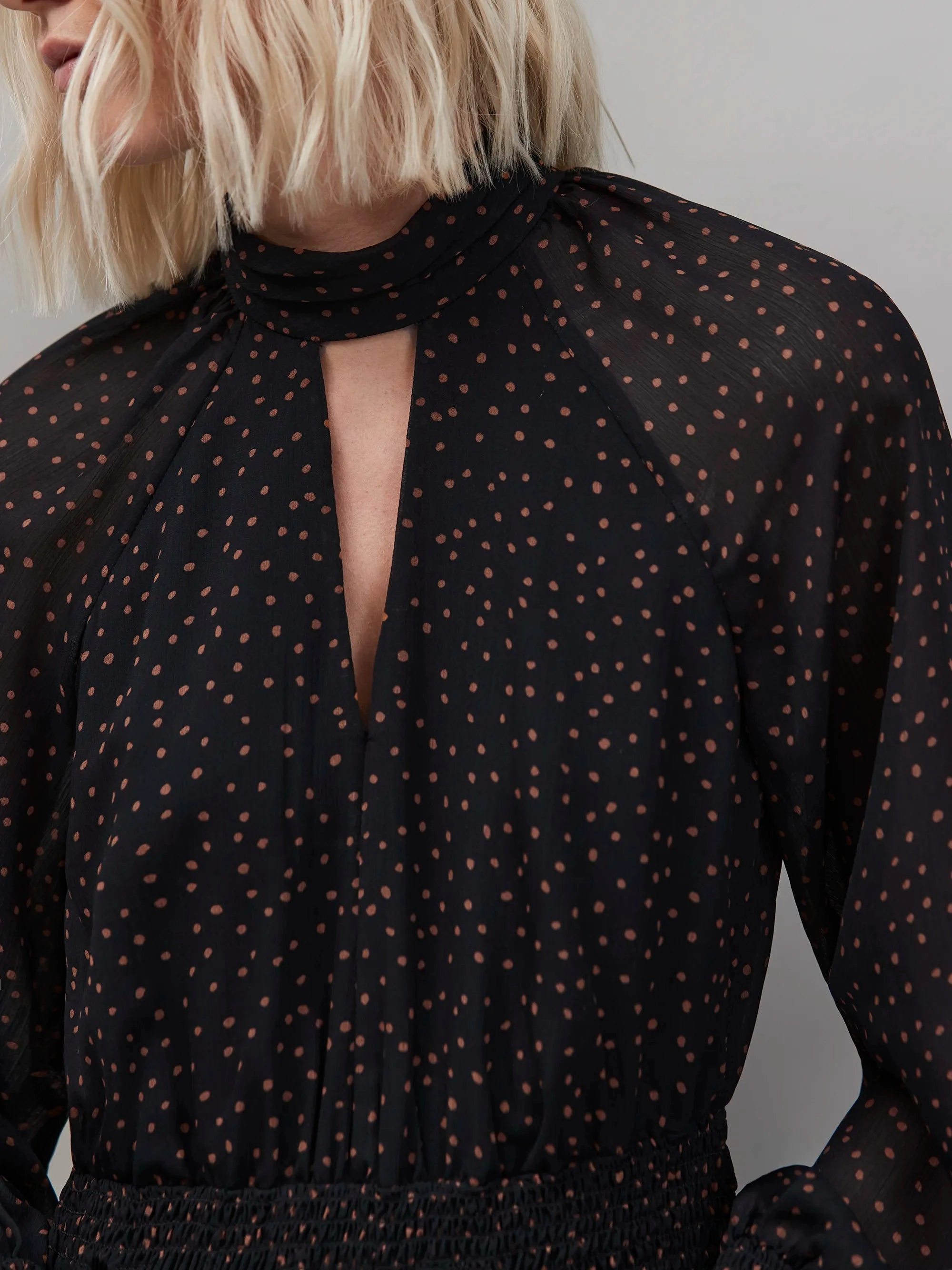 Bust-Enhancing Poised Vibe Caramel Dash Print Tiered Mini Dress