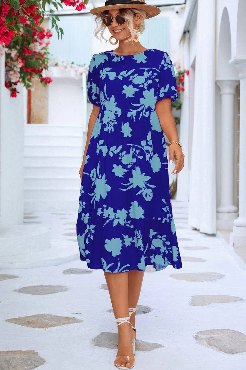 BUBBLE SLEEVE PRINTED DRESS_CWDSD2646 soft fit