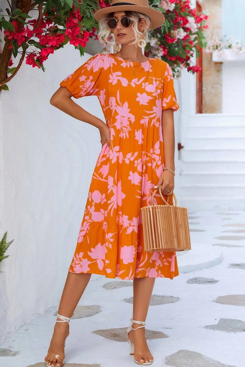 Easy Pick Deep Hue BUBBLE SLEEVE PRINTED DRESS_CWDSD2646