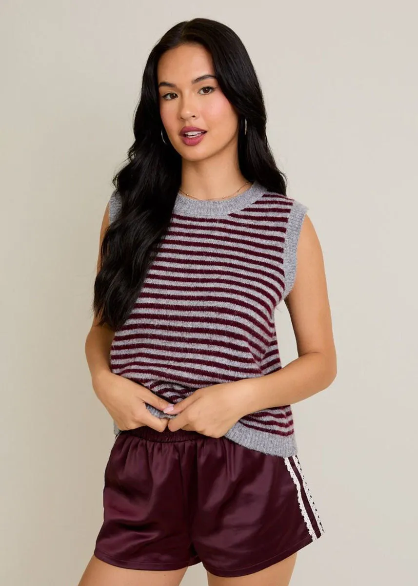 Cold-Weather Layer Melie Stripe Sweater Vest - Heather Grey & Wine