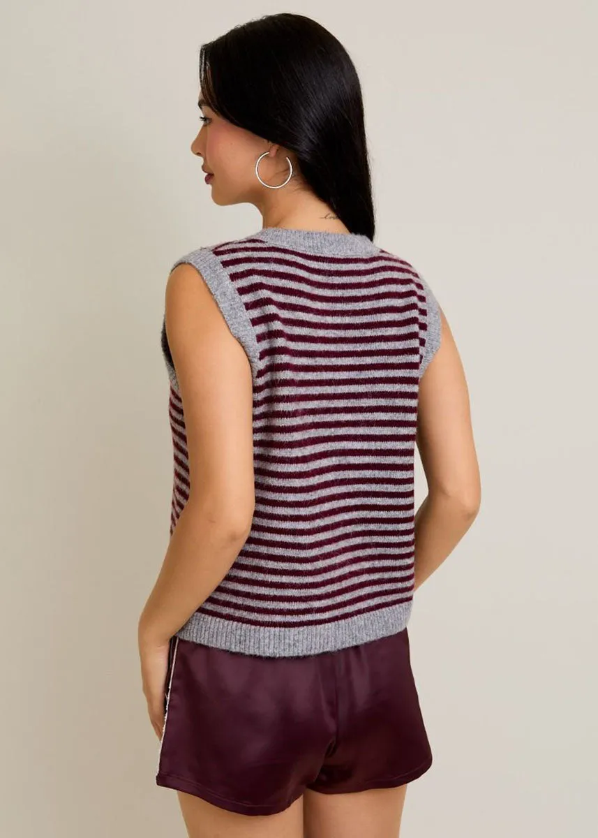 Outdoor Comfort Chic Style Melie Stripe Sweater Vest - Heather Grey & Wine