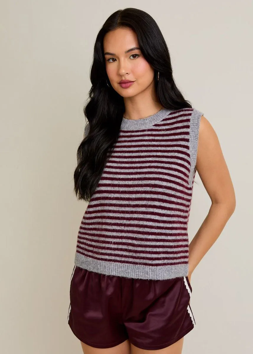 Melie Stripe Sweater Vest - Heather Grey & Wine Essential Warmth Everyday Knit