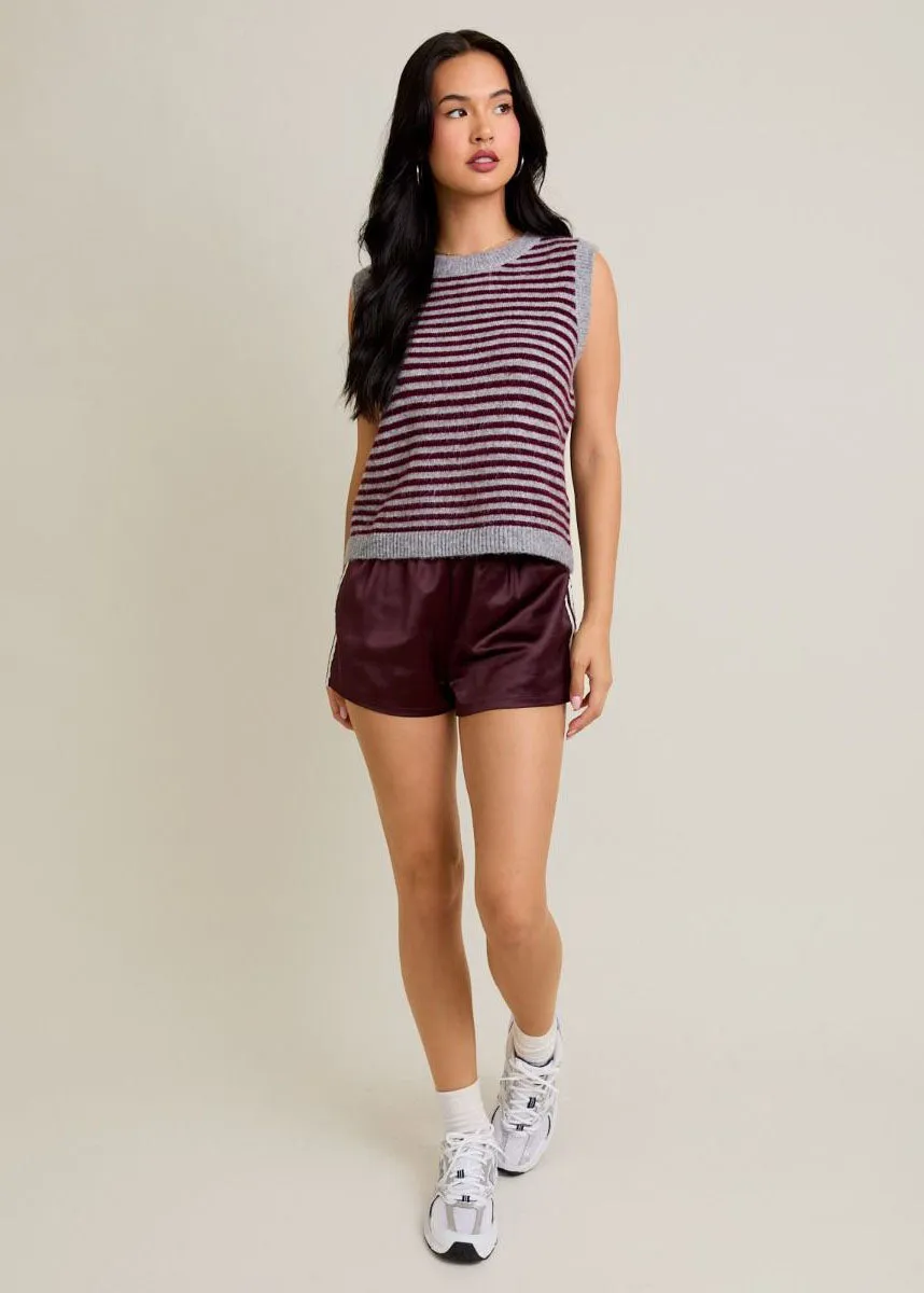 Melie Stripe Sweater Vest - Heather Grey & Wine Chic Knit