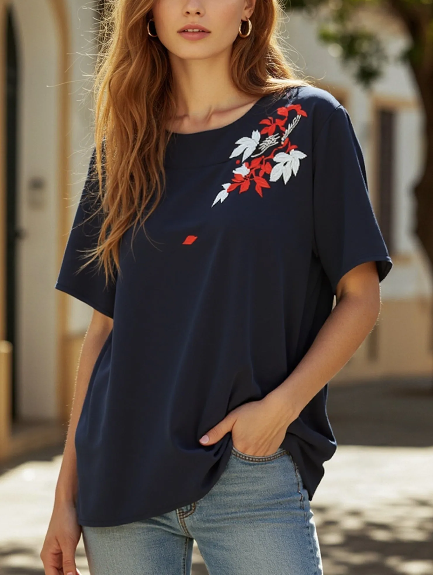 Pullover Fresh Sweet Embroidered Blouse ??Lightweight Women's Top Snag Resistant Surface