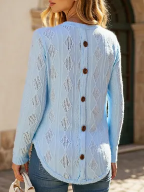 Casual Curved Hem Back Button Hollow T-Shirt Cool Weather Quick Dry Blend