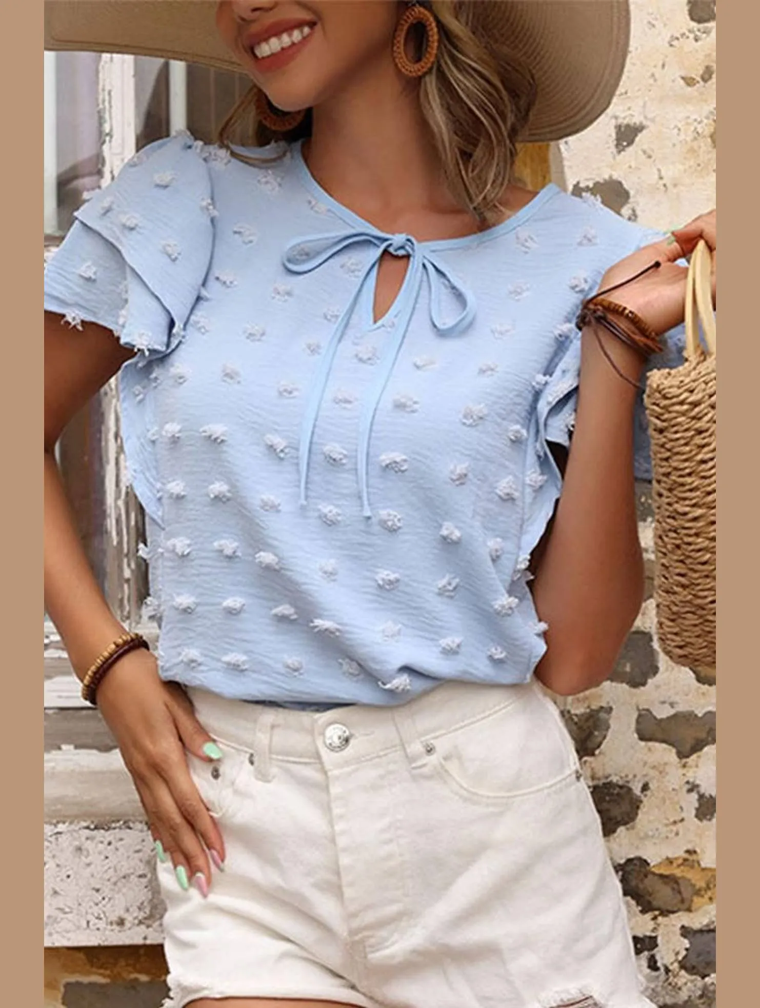 WOMEN PETAL SLEEVE SWISS DOT BLUE TEE Casual Essentials Wear Casual Comfort Wear