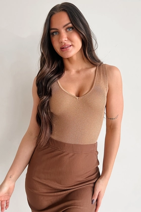 Smooth Texture True Fascination Ribbed Metallic Lurex Bodysuit (Gold)