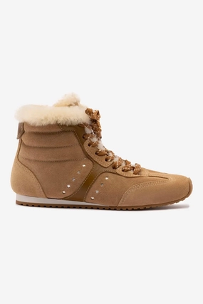 Stretch Lace System Stella Mid Sneaker In Peanut Suede And Natural Shearling