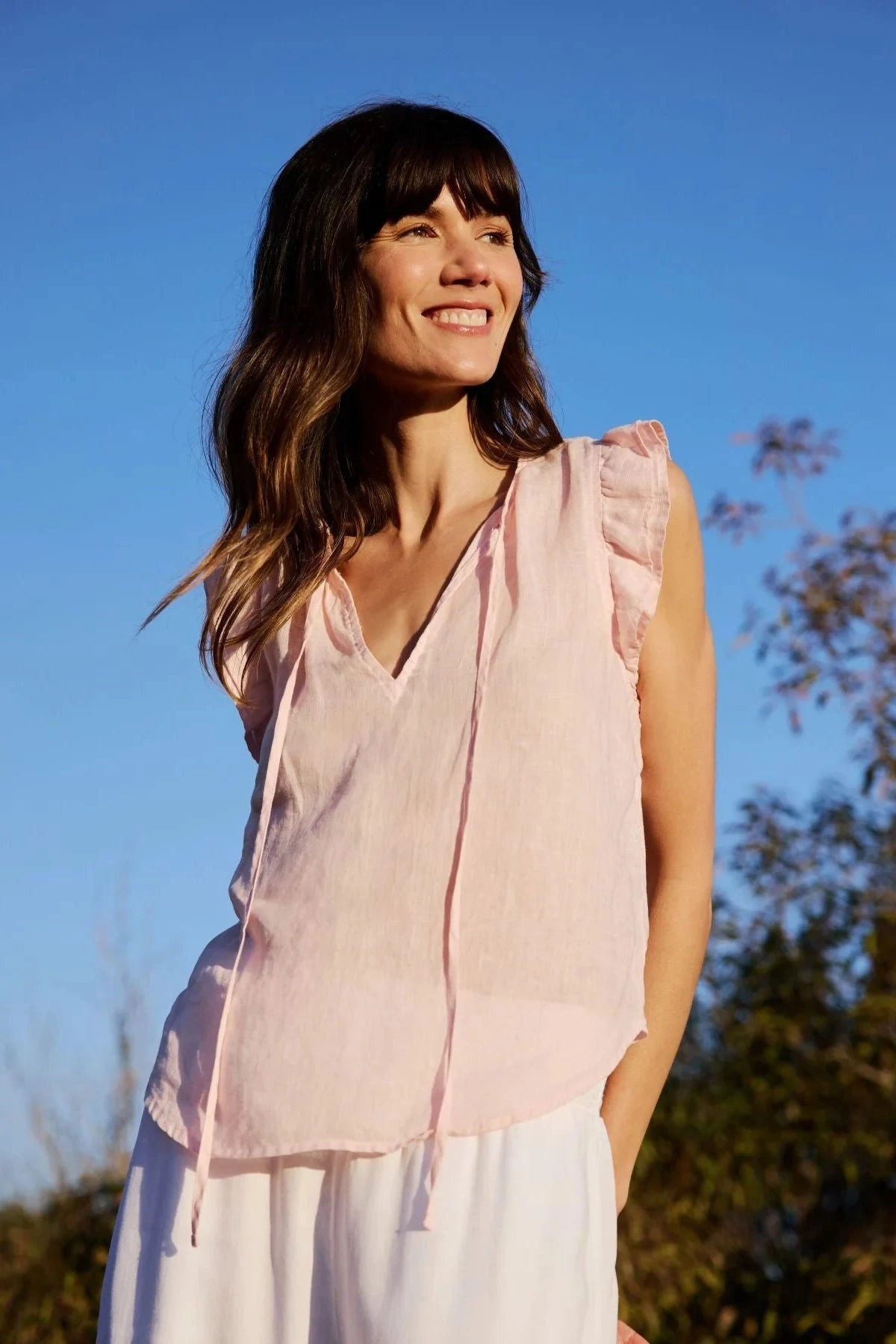 Casual Fit Linen Ruffle Sleeve Top