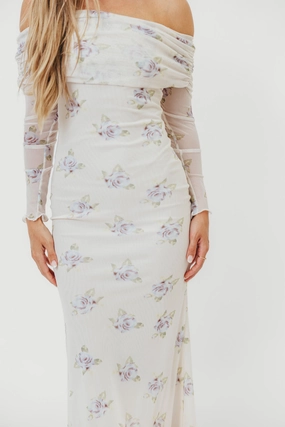 Cap-Sleeve Walkable Flow Chrishell Off Shoulder Maxi Dress in Cream