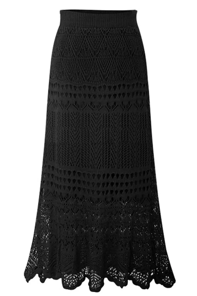 AdjustableDrawstring CROCHET HOLLOW KNITTED MIDI LENGTH SKIRT