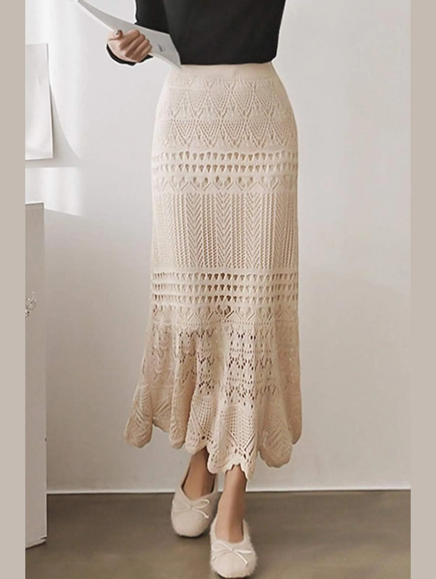 Modern Waist Urban Flex CROCHET HOLLOW KNITTED MIDI LENGTH SKIRT