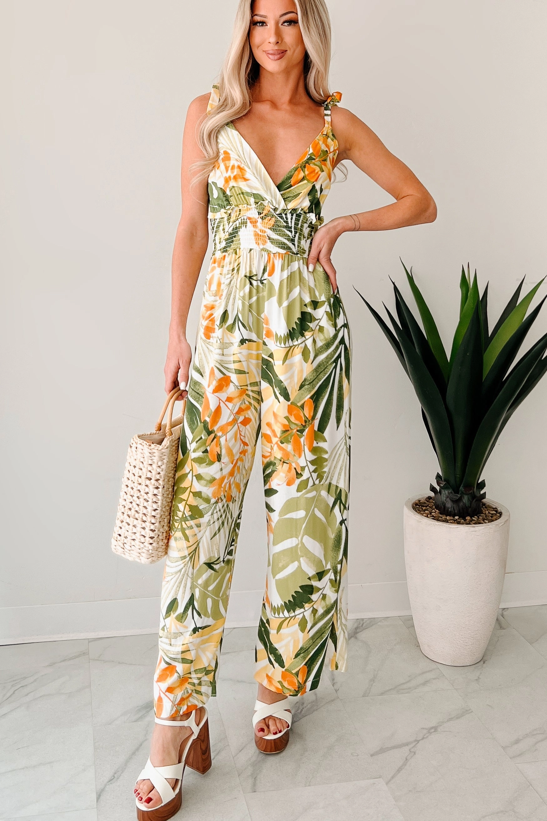 Flirt With Life Smocked Tropical Jumpsuit (Ivory/Green) Fancy Comfy