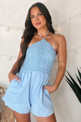Flirty Beginnings Crochet Halter Romper (Light Blue) Stretch Men