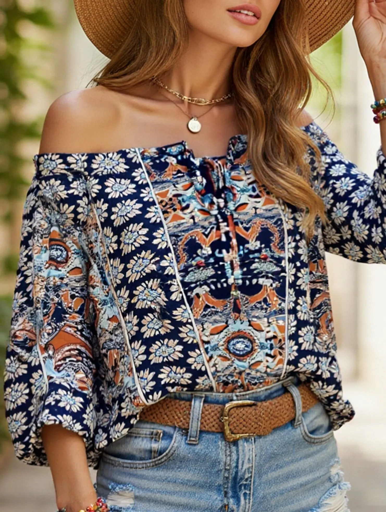 Ribbed Collar Style Floral Off-Shoulder Ruffle Knot Shirt