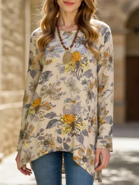 Lightweight Weave floral print crew neck long-sleeved top