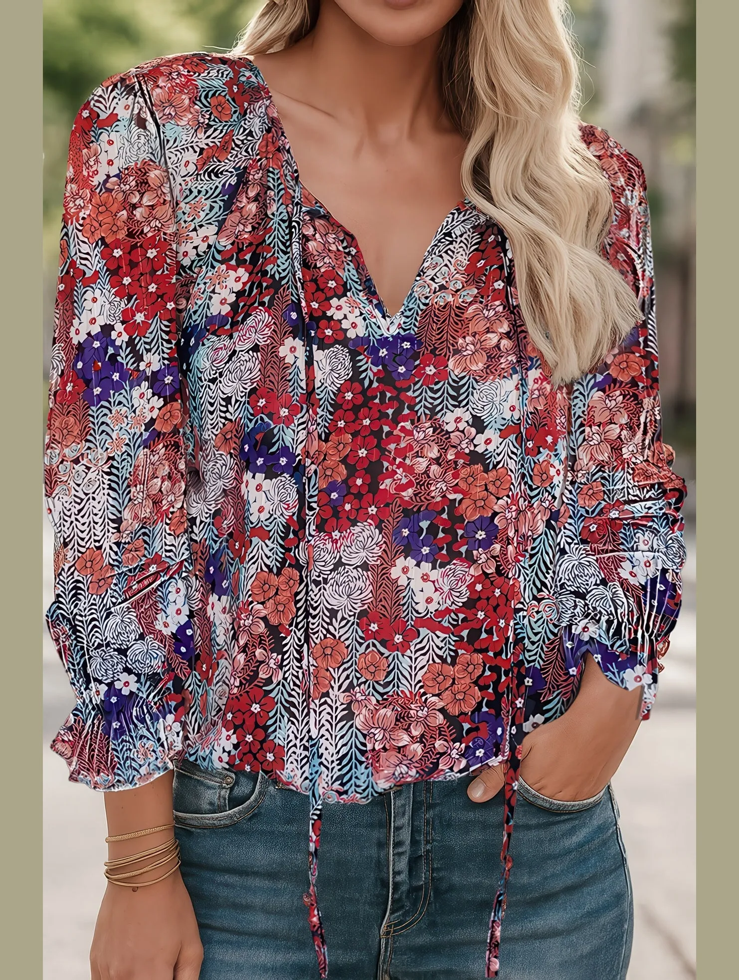 Everyday Chic Timeless Fit Floral Printed V-Neck Shirt ??Lightweight Elegant Women's Top