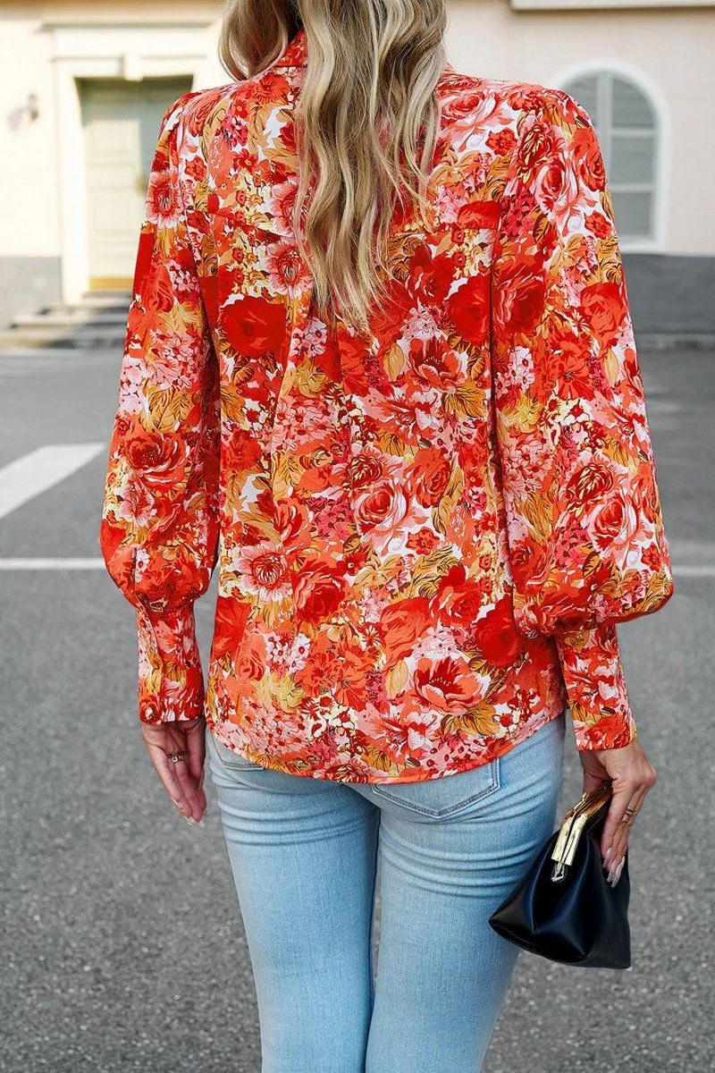 semi-formal style Layered Sleeve FLORAL PRINTING BUTTON UP FITTED CUFF BLOUSE
