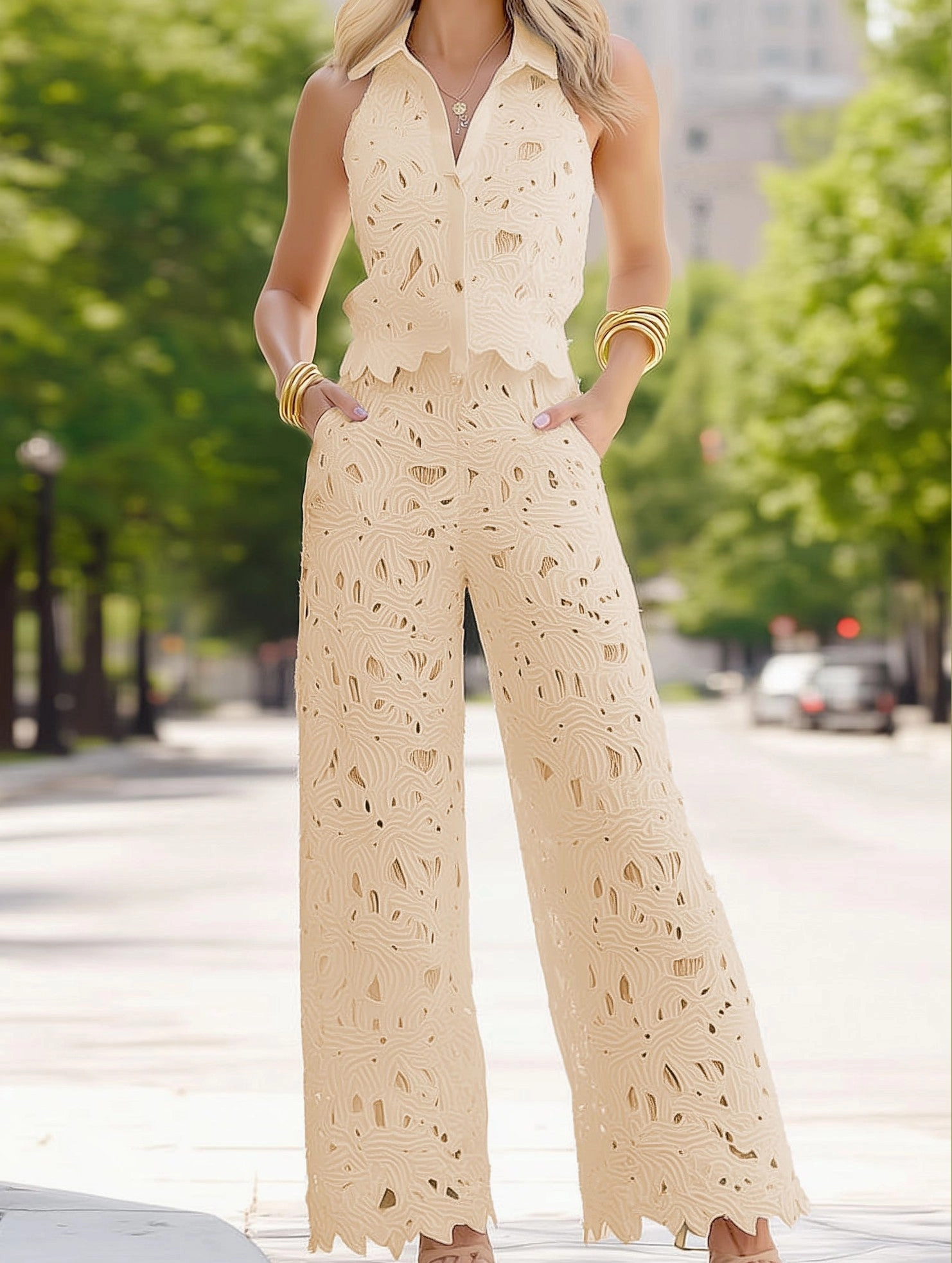Floral Crochet Resort Set ??Sleeveless Vest Top & Pants 2-Piece Modern Layer Trendy Appeal