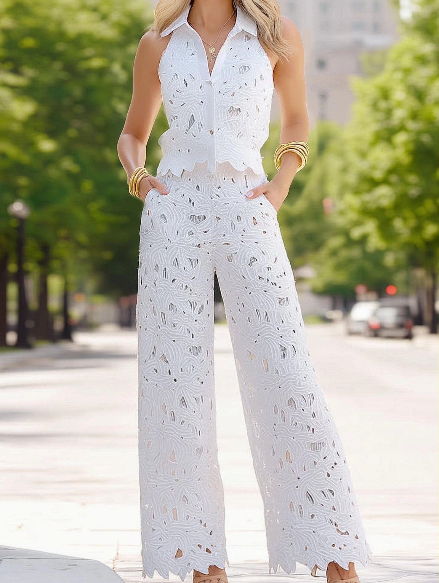 WrinkleFreeFinish Bootcut shape Floral Crochet Resort Set ??Sleeveless Vest Top & Pants 2-Piece