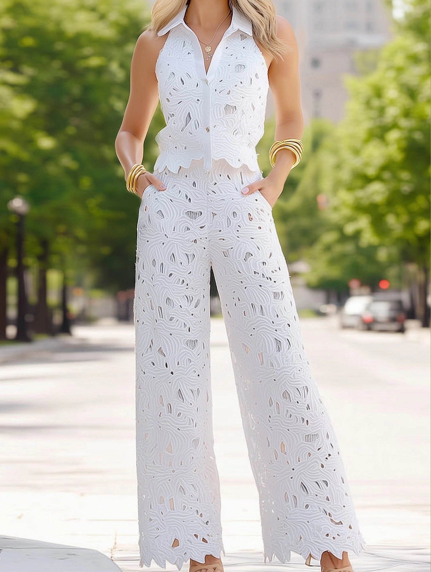 Floral Crochet Resort Set ??Sleeveless Vest Top & Pants 2-Piece Chilly Day Layers Outdoor Adventure