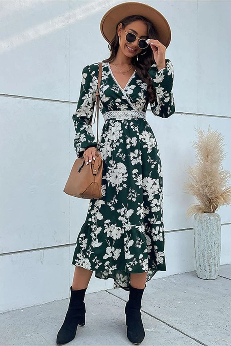 Evening Wear Festival-Ready FLORAL PATTERN V NECK ELEGANT DRESS