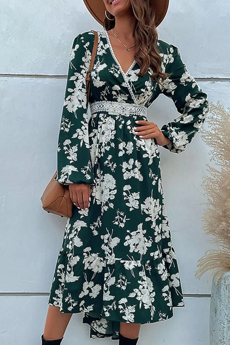 FLORAL PATTERN V NECK ELEGANT DRESS Work Style