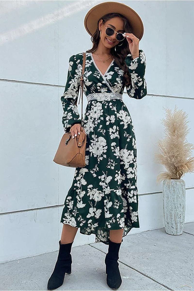Calm Texture Functional Wear FLORAL PATTERN V NECK ELEGANT DRESS