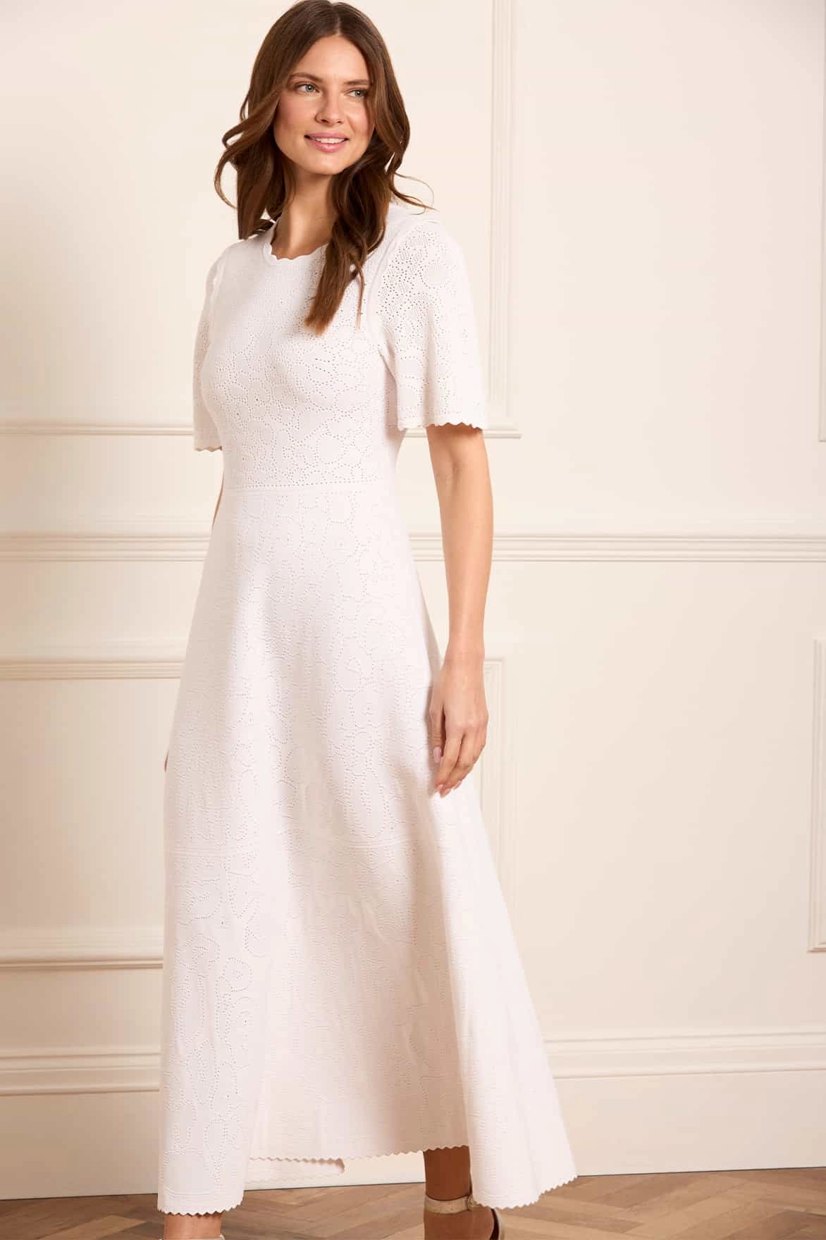 Crew Neckline Interlock Knit Structure Floral Pointelle Knit Gown