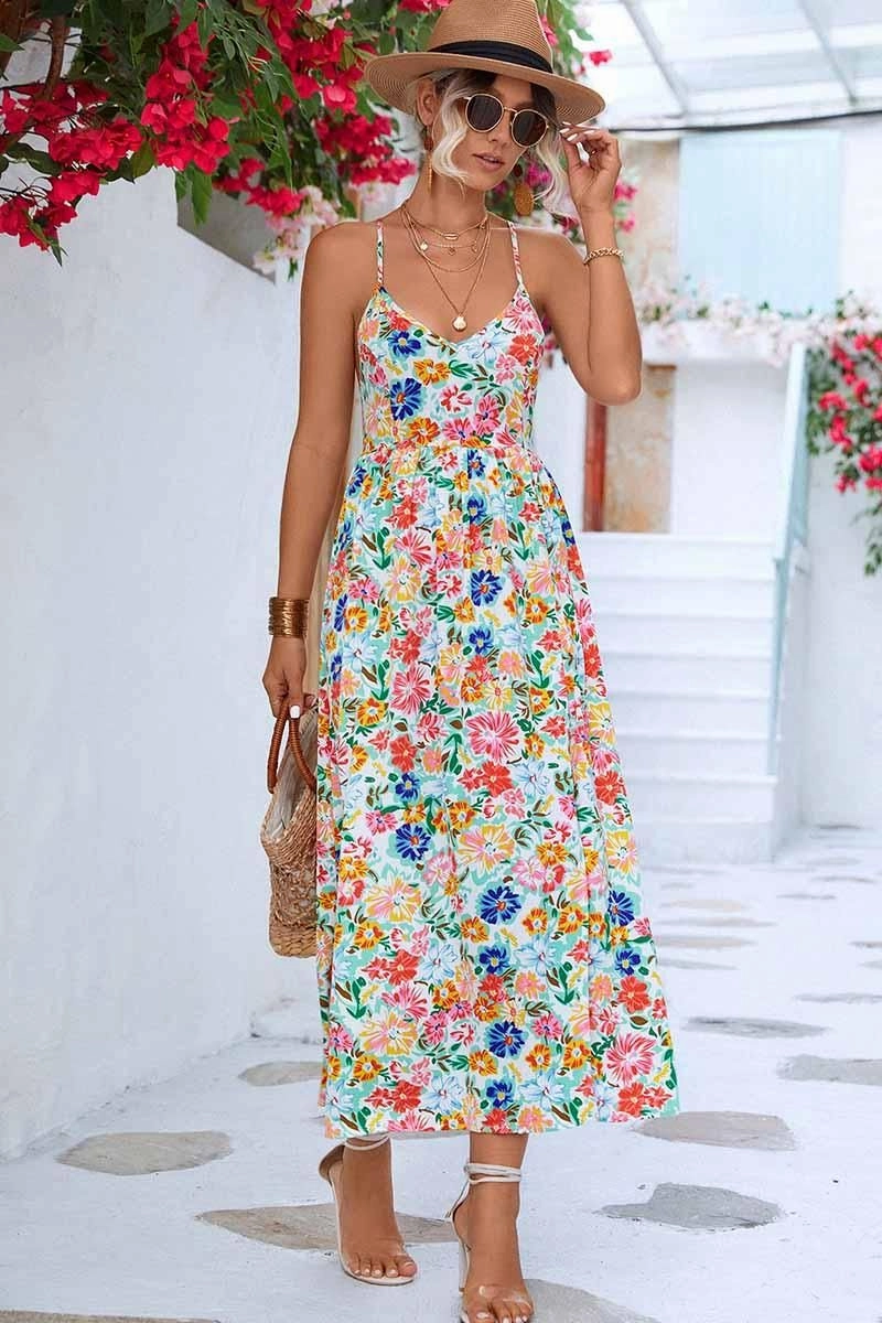Lounge Mode FLORAL V NECK SPAGHETTI STRAP SLIT DRESS