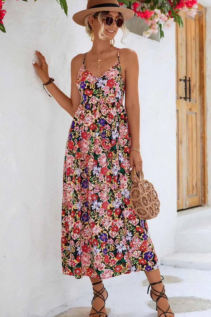 FLORAL V NECK SPAGHETTI STRAP SLIT DRESS Mood Glow